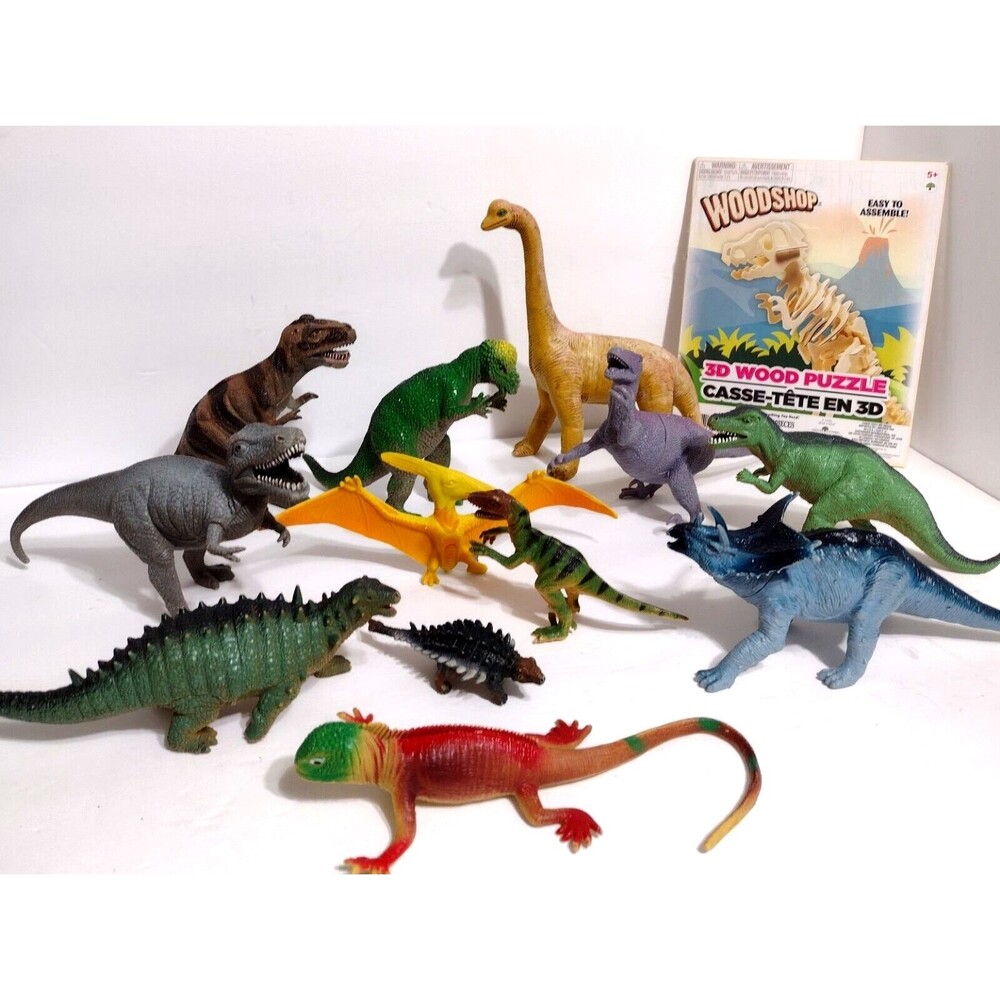 Vintage Dinosaur Reptile Toy Lot of 13 Greenbrier Imperial Plastic Vinyl Wood 3D